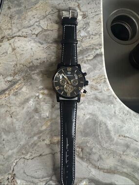 Mens Black Leather Chronograph Watch with Gold Accents
